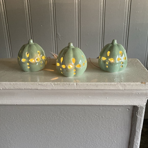 NWT Set of 3 LED Light Up Ceramic Pearl Glazed Petal Cutout Pumpkin Decorations - Picture 6 of 17